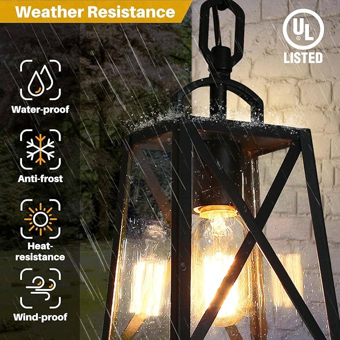 LOG BARN Outdoor Pendant Light Fixture, Farmhouse Exterior Lights, Anti-Rust Ceiling Outdoor Light with Seeded Glass, Lantern Hanging Light for Front Door, Entry, Porch, and Gazebo-Ruum Studio Home