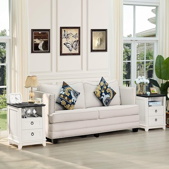 18" Farmhouse Night Stands Set of 2 with Charging Station, 2 Drawers End Table Dresser for Bedroom， Wooden Nightstand, Bed Side Table with Open Shelf, Bedside Cabinet for Living Room（White）-Ruum Studio Home