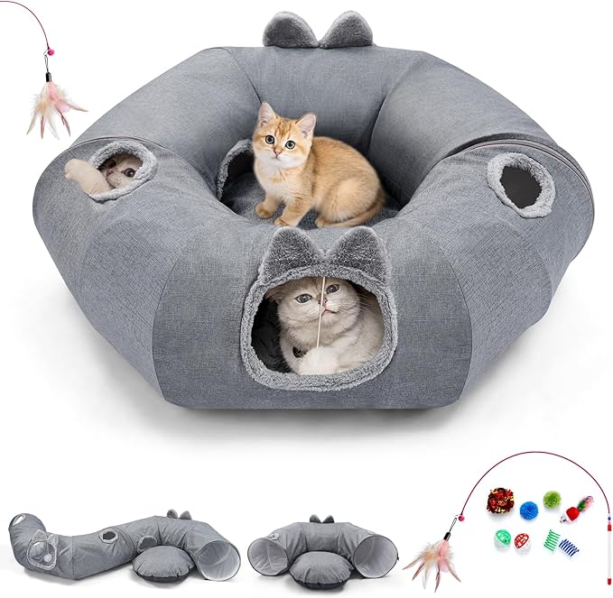 Odoland Summer Linen Cat Tunnels for Indoor Cats with Cooling Central Cat Bed, Interactive Cat Toys Detachable Soft Mat and Variety Kitty Toy Set Grey-Ruum Studio Home