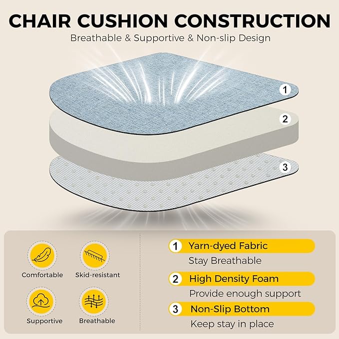 downluxe Indoor Chair Cushions for Dining Chairs, Soft and Comfortable Textured Foam Kitchen Chair Pads with Ties and Non-Slip Backing, 16" x 16" x 2", Light Blue, 2 Pack-Ruum Studio Home