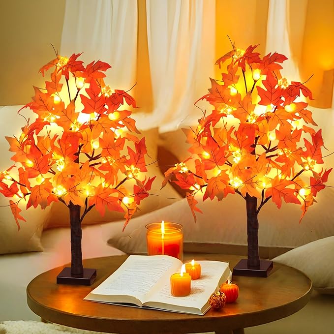 2 Pack 24 Inch Prelit Fall Maple Tree Fall Decor with 48 LEDs Timer Battery Operated Artificial Fall Light Up Tree Maple Acorn for Fall Thanksgiving Decorations Table Home Office Indoor Autumn Harvest-Ruum Studio Home