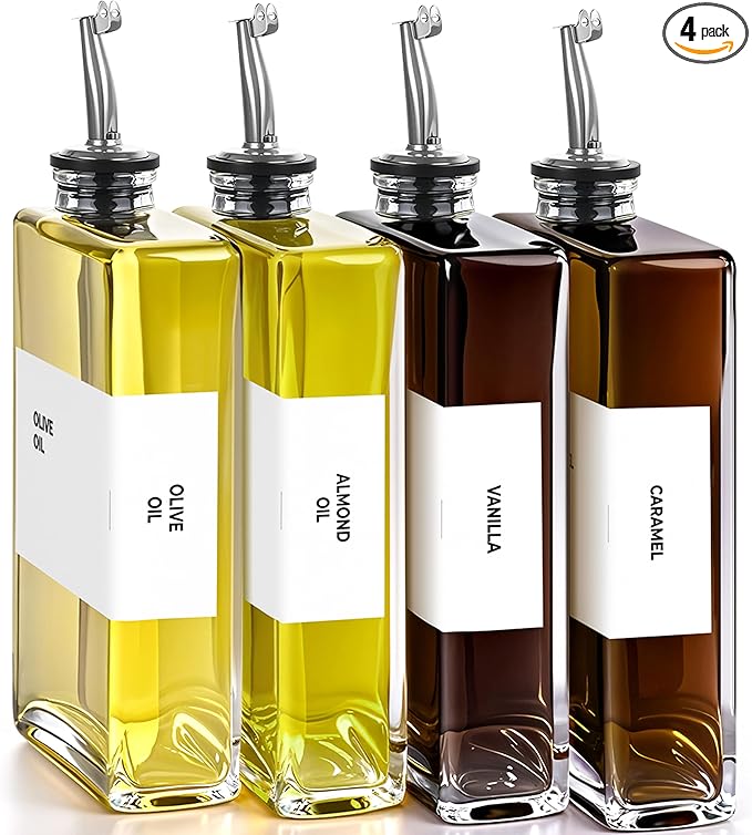 Olive Oil Dispenser Bottle - Includes 44 Kitchen Essential Labels - Cooking Oil Bottles for Kitchen, Coffee Syrup Dispenser - Pourer Spout with 11.8 fl oz Glass Container Cruet - 4pcs Silver