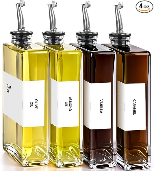 Olive Oil Dispenser Bottle - Includes 44 Kitchen Essential Labels - Cooking Oil Bottles for Kitchen, Coffee Syrup Dispenser - Pourer Spout with 11.8 fl oz Glass Container Cruet - 4pcs Silver