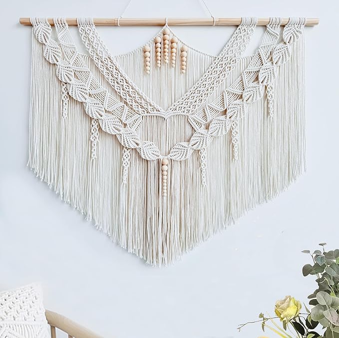 Achart Macrame Wall Hanging Large- Boho Wall Decor- large wall art- Wall Decor Living Room- Macrame Tapestry Boho Decor for Bedroom (Leaf &Wood Bead)-Ruum Studio Home