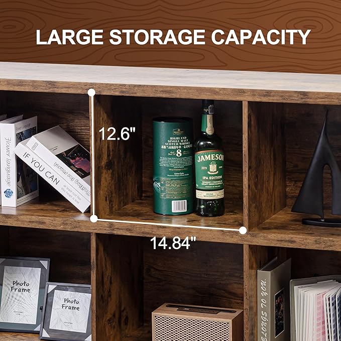 8 Cube Storage Organizer Bookshelf, Industrial Horizontal Bookcase, Accent Cubby Shelf, Media Console Table for Living Room, Home and Office, 63 Inches, Rustic Brown-Ruum Studio Home