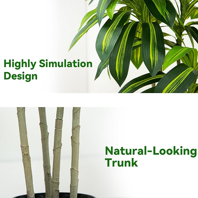 Artificial Dracaena Tree Artificial Silk Tree Faux Tree Fake Tropical Yucca Floor Plant with White Tall Planter (1, White Tall Planter, 5FT)-Ruum Studio Home