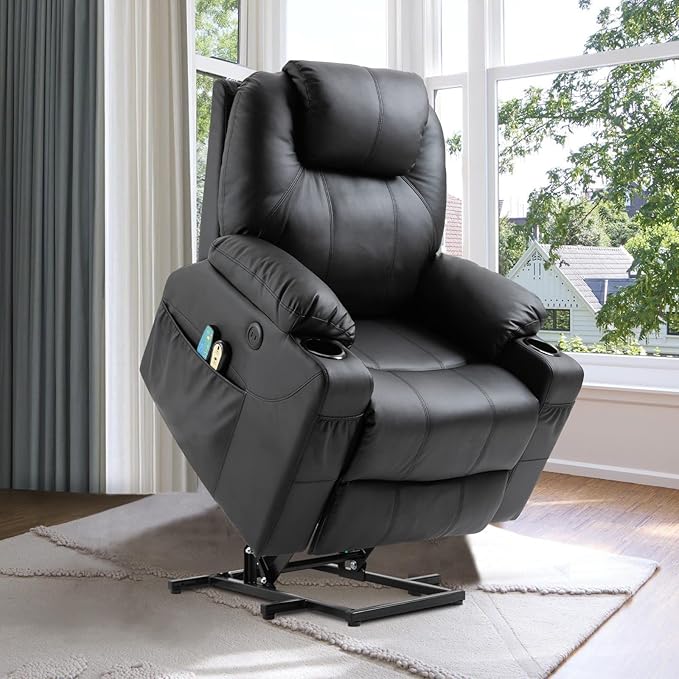 VIVIJASON Power Lift Chair Electric Recliner for Elderly Heated Vibration Massage Faux Leather Recliner Chair with 2 Remote Controls, Cup Holders, Side Pockets & USB Ports for Living Room (Black)-Ruum Studio Home