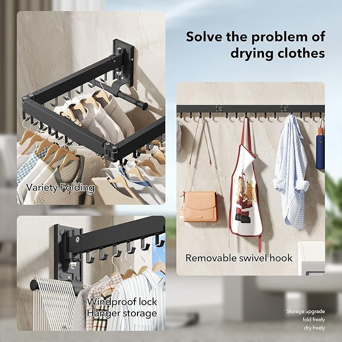 Drying Rack Clothing, Retractable Clothes Drying Rack,Wall Mounted Laundry Rack, Laundry Drying Rack Wall Mount,Collapsible Clothes Rack,can Fold Upward & Left & Right,Black Color-Ruum Studio Home