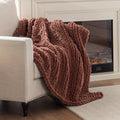 Chunky Knit Blanket Throw, 100% Hand Knit Throw Blanket Handmade Chenille Cable Knit Throw for Couch, Stylish Cozy Soft Rope Knot Crochet Blanket for Home Decor, Copper Brown, 40x50 Inches-Ruum Studio Home