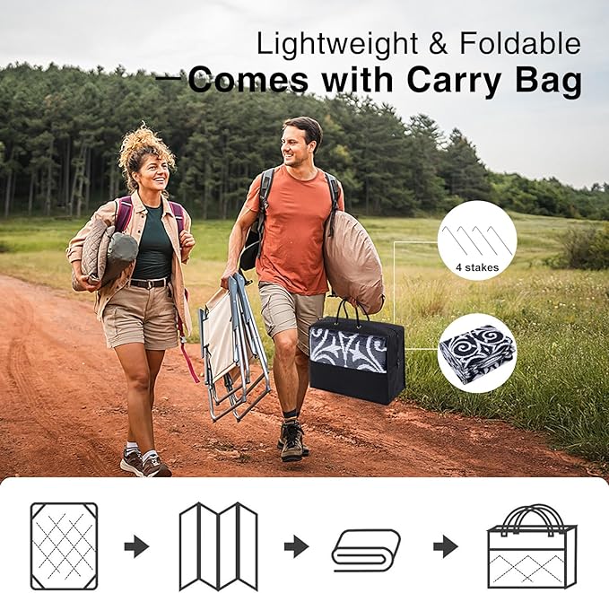 OLANLY Outdoor Rug Waterproof 9x12 ft Clearance, Reversible Outdoor Plastic Straw Rug with Floral Pattern, RV Mat for Patio, Camping, Balcony, Deck, Backyard, Black & White-Ruum Studio Home