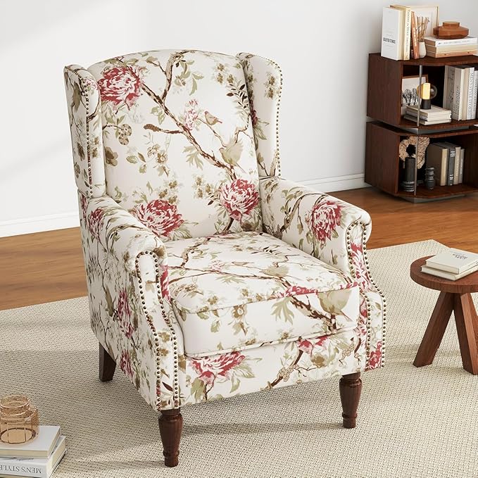 UIXE High Back Accent Chair, Wingback Upholstered Armchair in Fabric for Living Room, Retro Arm Chairs Nailhead Trim Single Sofa Bedroom Reading Seat with Solid Wood Legs - Beige Floral-Ruum Studio Home