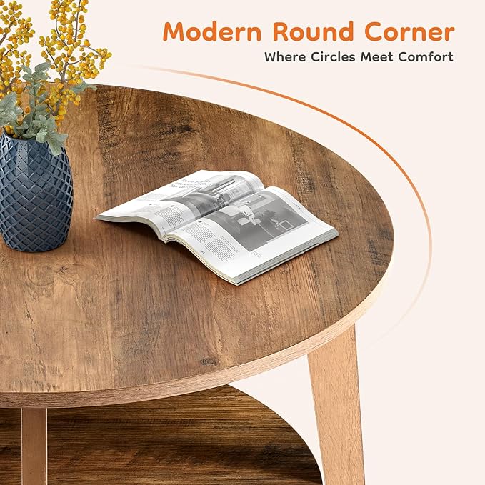 Sweetcrispy Round Coffee Table, 36'' Wood Coffee Tables for Living Room with Storage, 2-Tier Center Circle Counter with Wooded Desktop, 50 lbs Capacity, Anti-Slip Feet, Modern Farmhouse Design, Brown-Ruum Studio Home