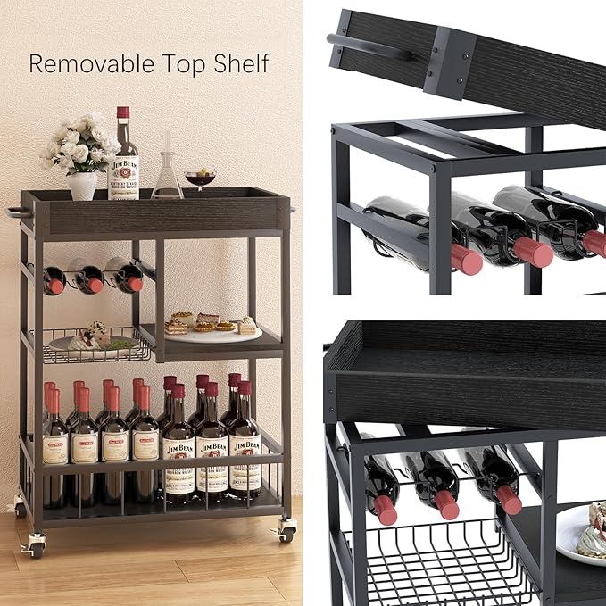 Bar Cart with Basket 3 Tiers Home Rolling Wine Rack with Wheels Mobile Kitchen Industrial Vintage Style Wood Metal Serving Trolley Serving Cart,Black Frame Home Kitchen Shelf for Party-Ruum Studio Home