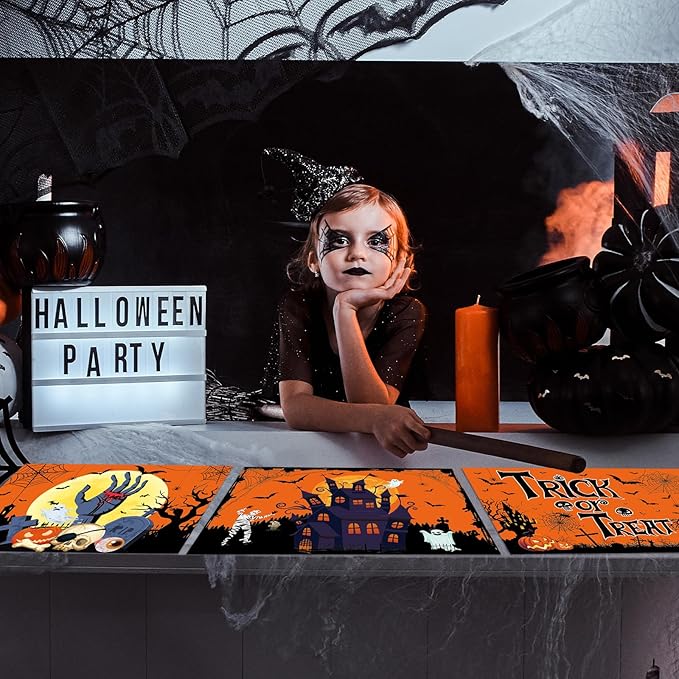Plastic Placemats Set of 6 Halloween Table Mats - Trick or Treat Kitchen Decor - Wipe Clean, Washable, Recyclable - Orange Place Mats for Indoor/Outdoor - Heat Resistant - Kitchen/Dining Table-Ruum Studio Home
