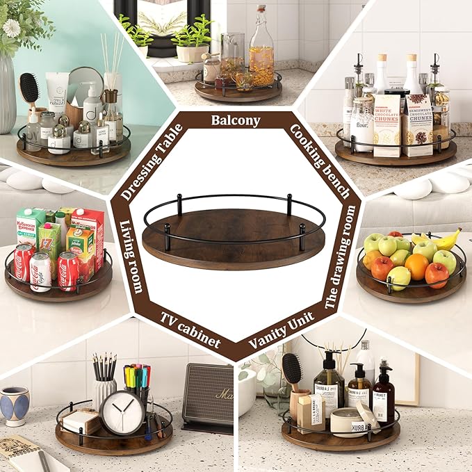 12" Lazy Susan Turntable Organizer,Round Wooden Lazy Susan Organization and Rotating Spice Rack for Dining Table,Pantry,Kitchen Countertop,Vanity,Cupboard and More.Vintage Wood(Round)-Ruum Studio Home