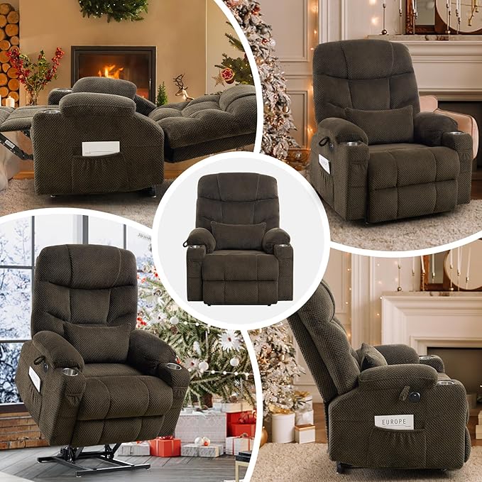 Oversized Dual Motor Lay Flat Power Lift Recliner Chair with Massage, Heating, Lumbar Pillow, USB & Type-C Ports, Textile Lift Chairs Recliners, Large Recliner for Big & Elderly People - Brown-Ruum Studio Home