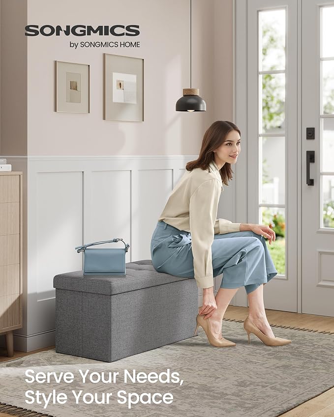SONGMICS MAZIE Collection - 30 Inches Folding Storage Ottoman Bench, Ottoman Foot Rest, End of Bed Bench, Storage Chest, Load 660 lb, for Living Room, Bedroom, Entryway, Light Gray ULSF47G-Ruum Studio Home