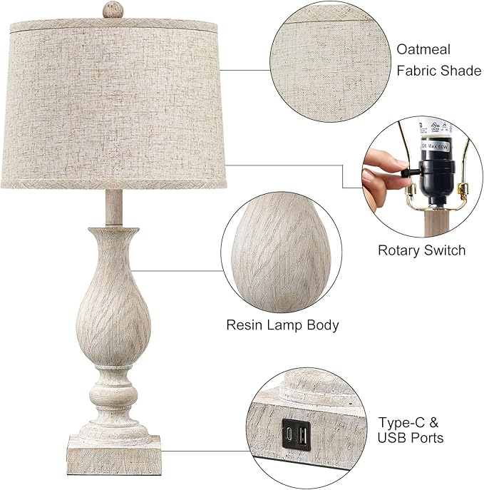 28'' Tall Farmhouse Table Lamps for Living Room, Bedroom Lamps Set of 2 with USB C+A Charging Ports, Rustic Farmhouse Nightstand Lamps for Bedside, Traditional Side Table Lamp with Fabric Shade-Ruum Studio Home