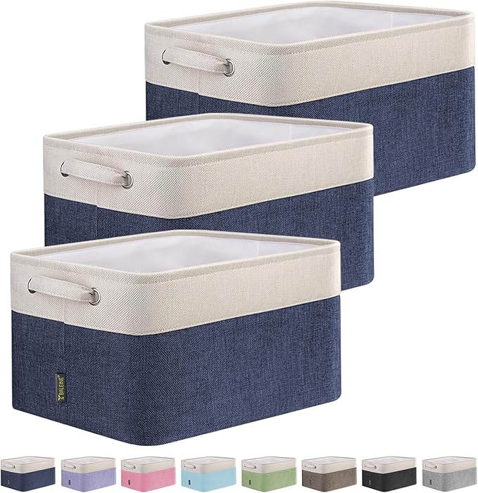BALEINE 3 Pack Fabric Storage Bins for Shelves, Linen Storage Baskets for Organizing, Decorative Closet Bins for Clothes, Home (Navy Blue, 12"x8"x8")-Ruum Studio Home