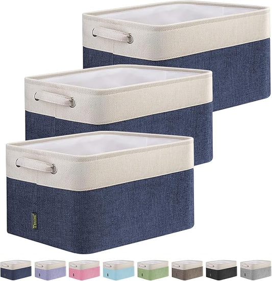 BALEINE 3 Pack Fabric Storage Bins for Shelves, Linen Storage Baskets for Organizing, Decorative Closet Bins for Clothes, Home (Navy Blue, 12"x8"x8")-Ruum Studio Home