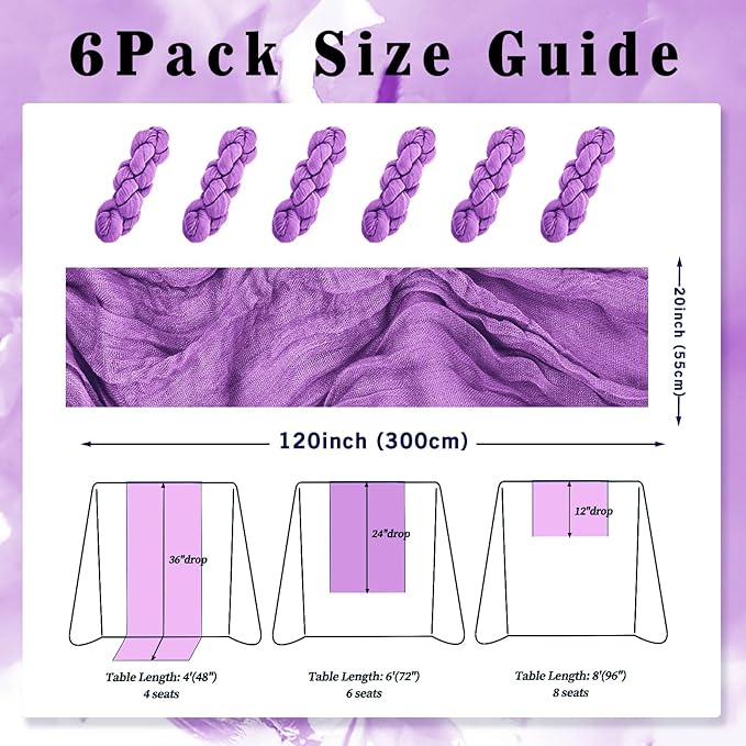 6 Pack Purple Cheesecloth Table Runner 10FT Boho Fabric Rustic Cheese Cloth Table Runner for Wedding Bridal Shower Baby Shower Gauze Sheer Birthday Party Table Decorations 20 x 120 Inch Long-Ruum Studio Home