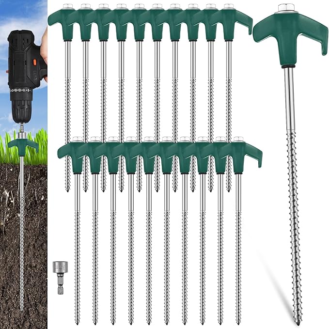 Hicarer 20 Pcs 20 Pcs 8'' Screw in Tent Stakes Heavy Duty Ground Metal Stakes for Inflatables with Hex Head Driver for Outdoor Camping Tent Inflatable Garden Decor (Dark Green)-Ruum Studio Home