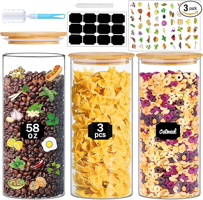 Glass Jars with Bamboo Lids, 58 oz 3 Pcs Kitchen Glass Containers with Bamboo Lids, Airtight Glass Pantry Storage Containers with Lids for Rice, Flour, Nuts, Cookie, Pasta, Oatmeal, Bean-Ruum Studio Home
