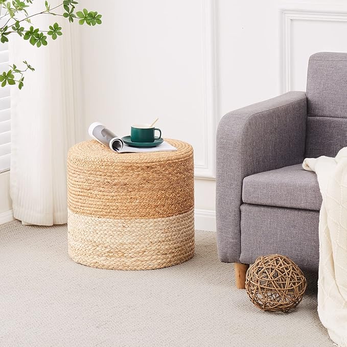 Wimarsbon 18'' Pouf Ottoman, Natural Braided Poof, Round Poufs, Rustic Handweave Lounge Pouffe, Boho Footrest Stool for Bedroom, Accent Table or Seat for Patio, Living Room-Ruum Studio Home