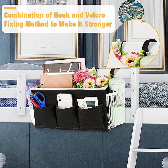 Bedside Caddy Bedside Organizer Bedside Storage Caddy with Fixed Straps and Water Bottle Holder for Home College Dorm Bunk Bed Hospital Bed Crib Bed Rails (Black)-Ruum Studio Home