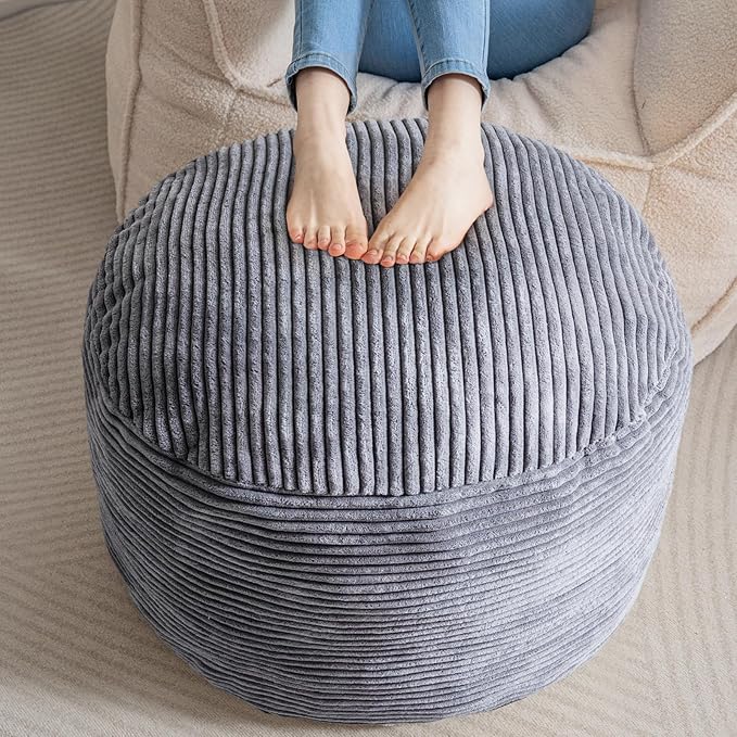 HIGOGOGO Round Stuffed Pouf Ottoman, Corduroy Poufs with Foam Chunk Filling, Furry and Fluffy Pouf Foot Stool Storage Ottoman, 26 X 18 Floor Poufs Foot Rest for Living Room, Dark Grey-Ruum Studio Home