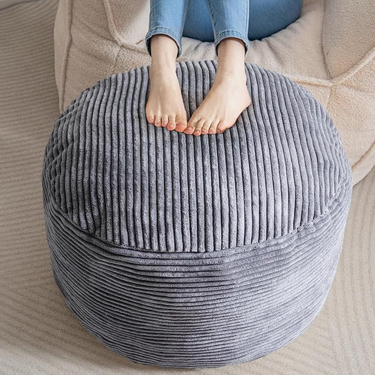 HIGOGOGO Round Stuffed Pouf Ottoman, Corduroy Poufs with Foam Chunk Filling, Furry and Fluffy Pouf Foot Stool Storage Ottoman, 26 X 18 Floor Poufs Foot Rest for Living Room, Dark Grey-Ruum Studio Home