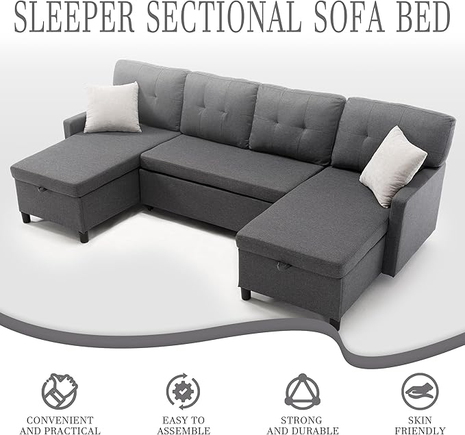 Pull Out Couch, Oversized Sleeper Sofa Couch, Sectional Sleeper Sofa Bed for Living Room Bedroom Lounge (Grey, 110 Inch)-Ruum Studio Home