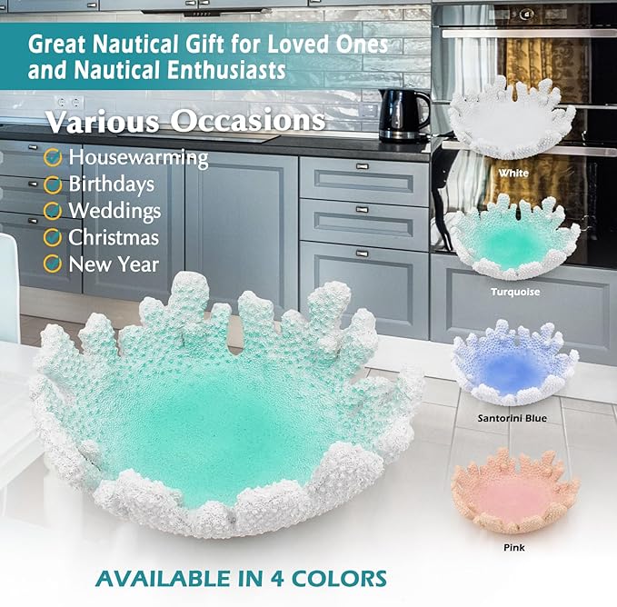 Turquoise Coral Textured Decorative Bowl,9.45" Medium Resin Decorative Centerpiece Bowl for Coastal Beach theme house table centerpiece decorations & Nautical decorations for coffee table-Ruum Studio Home