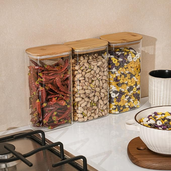 56oz Rectangle Airtight Glass Storage Containers with Bamboo Lids (Set of 4), Square Food Storage Jar, Pantry Organizers for Oats, Cereal, Pasta and Coffee beans (‎with Black Lable)-Ruum Studio Home