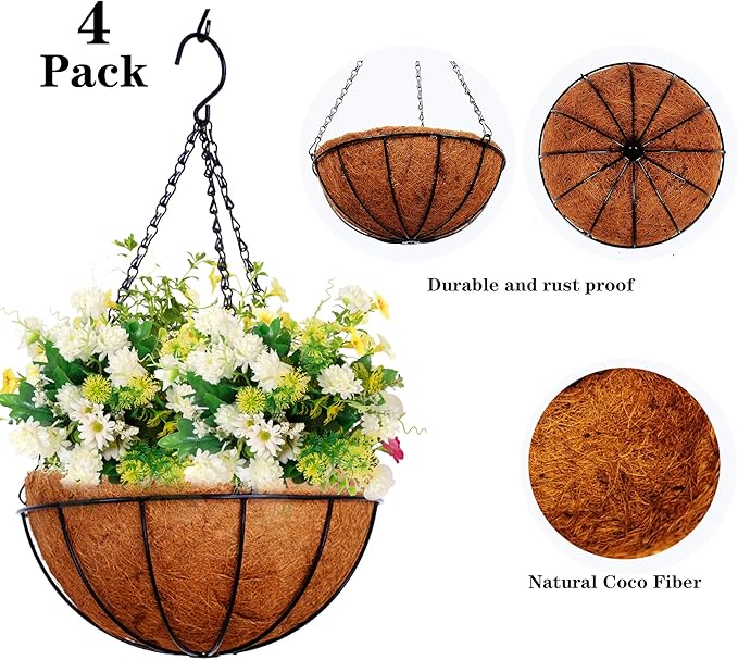 Hanging Planters Basket Outdoor Indoor(14 inch 4 Pack)-Coconut Coir Hanging Baskets for Plants Outdoor,Metal Wire Baskets with Coco Liner Window Box Planters, hanging Flower Pots For Railings…-Ruum Studio Home