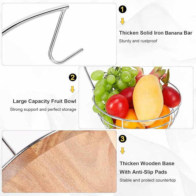 Livabber Countertop Fruit Basket Bowl with Banana Hanger, Modern Standing Fruit Vegetable Bowl Storage, with Banana Tree Holder for Kitchen Dinning Table (Round Wood, Chrome)-Ruum Studio Home