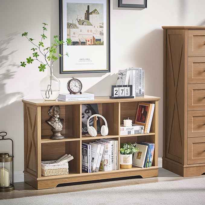Farmhouse 6 Cube Bookshelf, Storage Organizer Bookcase, Kids Toy Storage Cabinet, Long Bookshelves Storage Organizer Shelf, Wood Display Cabinet Book Shelves for Bedroom,Living Room,Natural Oak-Ruum Studio Home