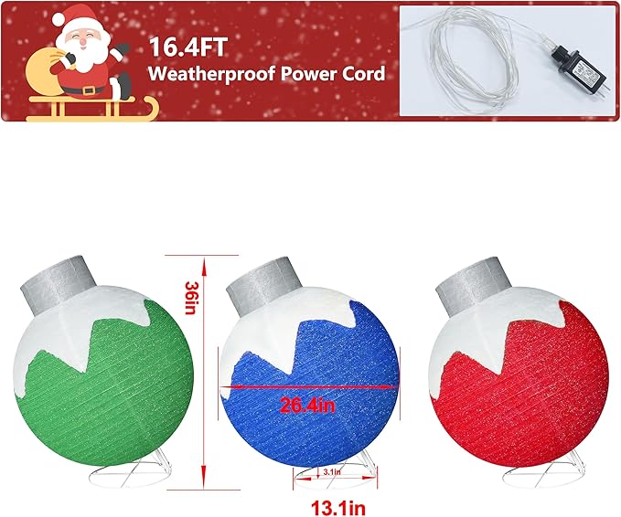 36 Inch Pop-Up Christmas Ball with 90 LED Lights for Outdoor Xmas Decor, 3-Piece Pre-Lit Iridescent Christmas Ball Ornaments Decor with Base, Outdoor 3D Glittered Standing Holiday Display-Ruum Studio Home