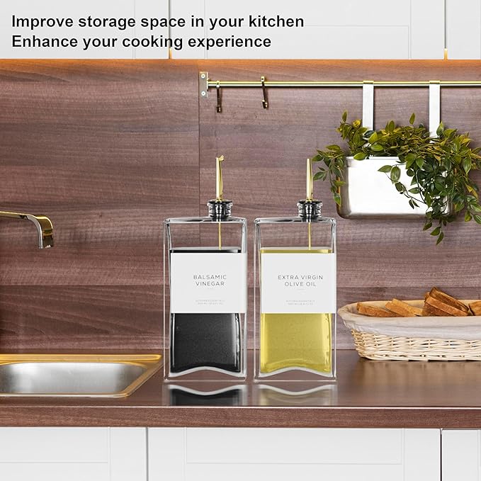 Olive Oil Dispenser for Kitchen, 16.9 oz/ 500 ml Olive Oil Dispenser Bottle, Glass Oil Bottles for Kitchen with 4 Stainless Steel Pourers, 40 Labels, 2 Pcs, Gold-Ruum Studio Home