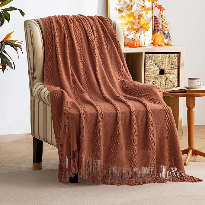 MIULEE Fall Orange Knitted Throw Blanket for Couch Boho Terracotta Rust Textured Cozy Woven Blanket with Tassels for Sofa Chair Bed Living Room Acrylic Wave Pattern 60"x80"-Ruum Studio Home