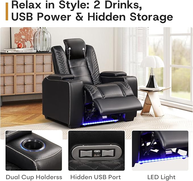 ANJ Power Home Theater Seating Set of 2, PU Leather Electric Recliner Chair with Powered Headrest, Dual Motors Movie Reclining Chairs with LED Lights,USB Port, Cup Holders, Hidden Arm Storage (Black)-Ruum Studio Home