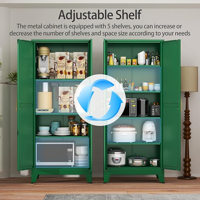 Green Metal Storage Cabinet,75" Steel Cabinets for Home Office, Kitchen Pantry Storage Cabinet with Doors and 5 Adjustable Shelves, Tool Cabinets, for Office, Home, Garage, School-Ruum Studio Home