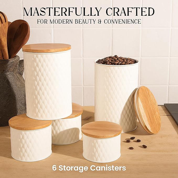 6 Canister Set for the Kitchen Countertop – Metal Food Storage Canisters with Airtight Lids for Flour, Tea, Crafts, Coffee, & Sugar – Container Set with Modern Wood Lids, White-Ruum Studio Home