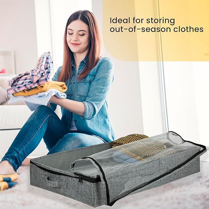 Gray Low Profile Under Bed Storage Containers 5 inches high, 33.8"x 17.7"x 5.1", Sturdy Underbed Shoe Storage Organizer, Foldable Fabric Under the Bed Storage Bins - Pack of 2-Ruum Studio Home