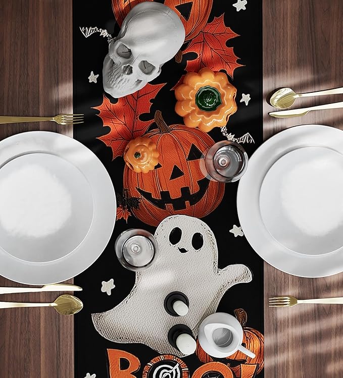 Halloween Table Runner,72 Inches Pumpkin Ghost and Spider Web Pattern Table Runner for Halloween, Table Decoration/Party Dinner Table Decor,Kitchen,Mantel,Bedroom Decoration-Ruum Studio Home