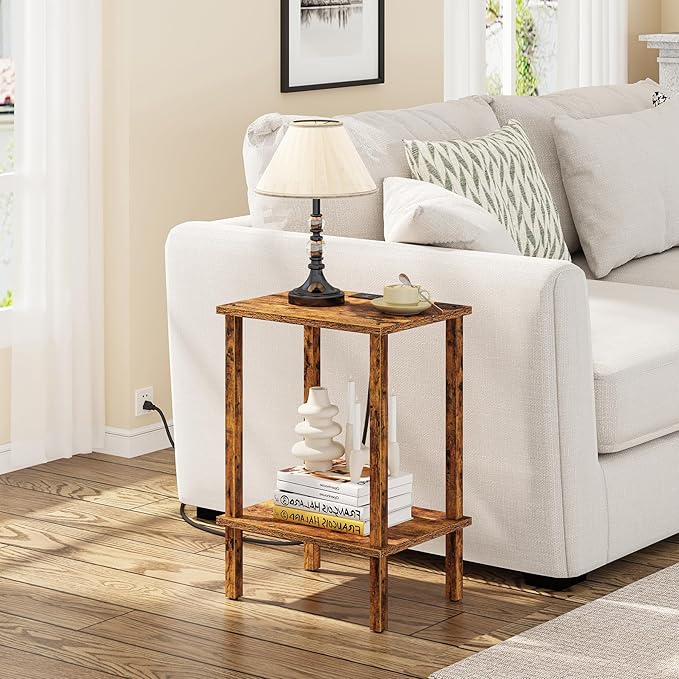 TUTOTAK End Table with Charging Station, Small Side Table with Outlets, Nightstand Bedside Table, 2-Tier Storage Shelf for Small Space, Living Room, Bedroom, Brown TB01BB040C-Ruum Studio Home