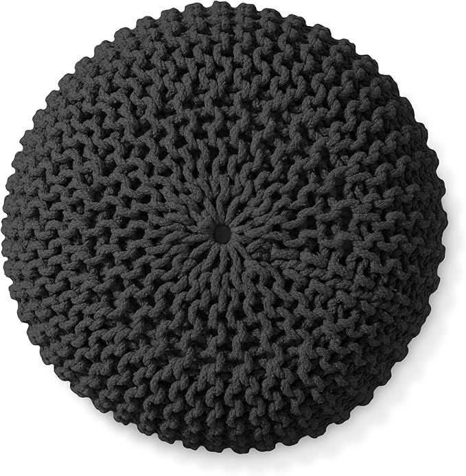 Casafield Round Pouf Ottoman, Black - 20" Diameter x 14.5" High Cotton Knit Foot Stool - Boho Floor Pouffe for Living Room, Bedroom, Home Office-Ruum Studio Home