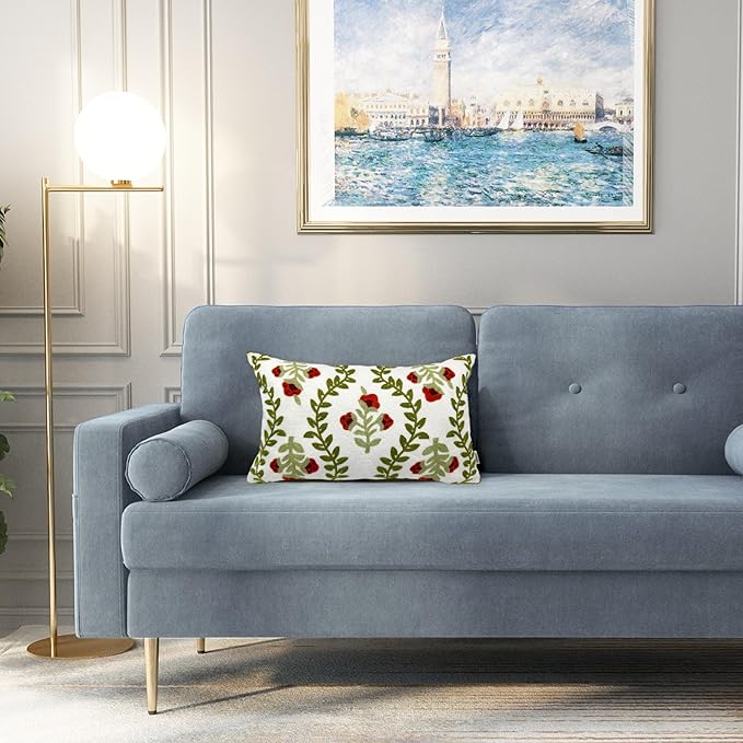 Alysheer Floral Embroidered Summer Lumbar Decorative Throw Pillow Cover 12"x 20", Farmhouse Cottage Red Flowers Green Leaves Patterned Cotton Canvas Cushion Case for Sofa Couch Bed Living Room Decor-Ruum Studio Home