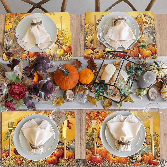 Fall Placemats Set of 6 Thanksgiving Pumpkin Plastic Table Mats Farmhouse Rustic Fall Autumn Place Mats Washable Vinyl Rustic Holiday Table Decoration for Indoor Outdoor Party Kitchen Dining-Ruum Studio Home