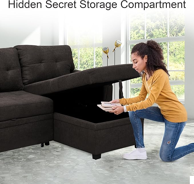 Naomi Home Transform Any Space: Sleeper Sectional Sofa with Convertible Sofa Bed & Inviting Chaise. Find Tranquil Comfort with Stress-Relieving Design & Durable Cushions - Espresso/Velvet-Ruum Studio Home